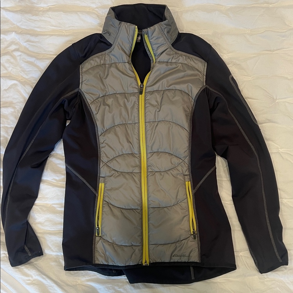Eddie Bauer Gray and Black Hybrid Puffer Jacket with Yellow Trim